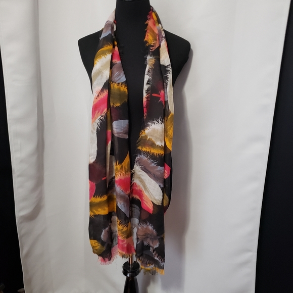 Black Multi-Color Feather Print Scarf, Light - Picture 7 of 7